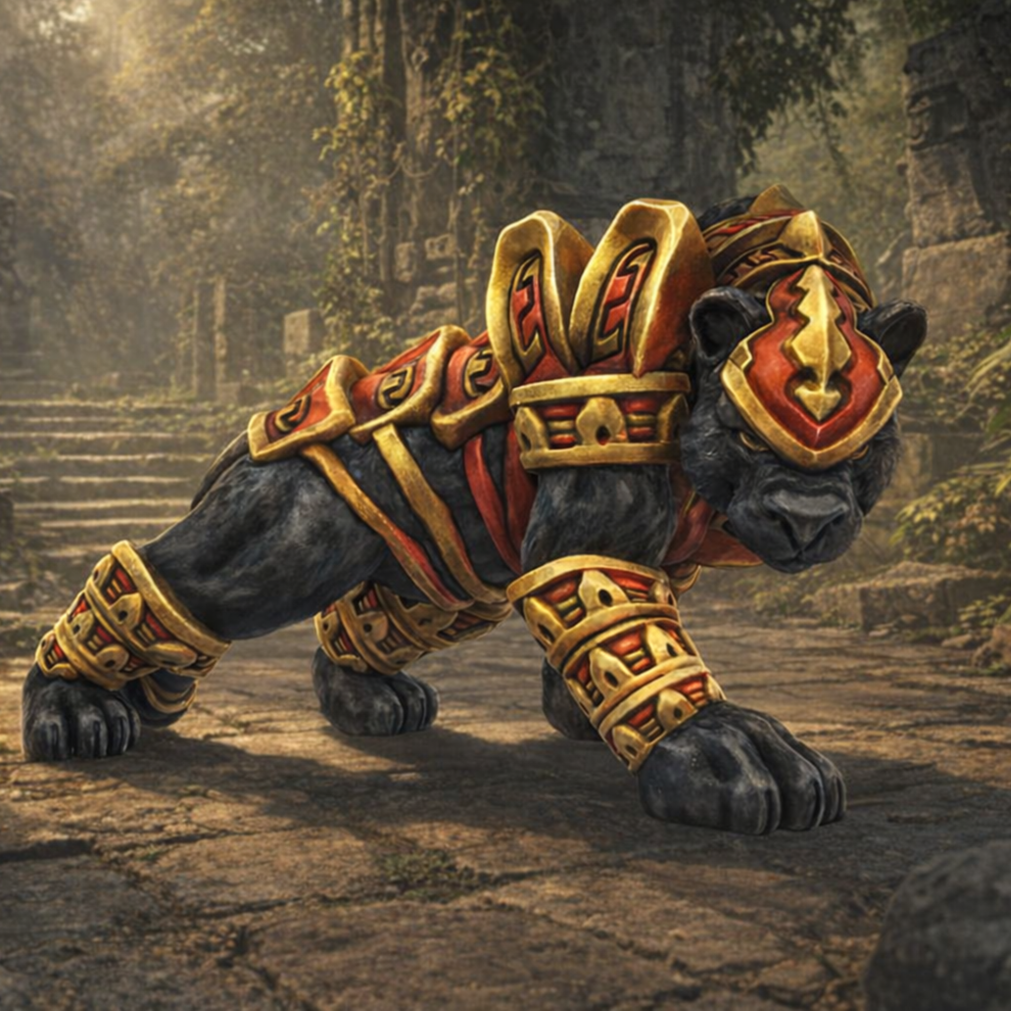 Armoured Panther with gold and red armor in a jungle setting