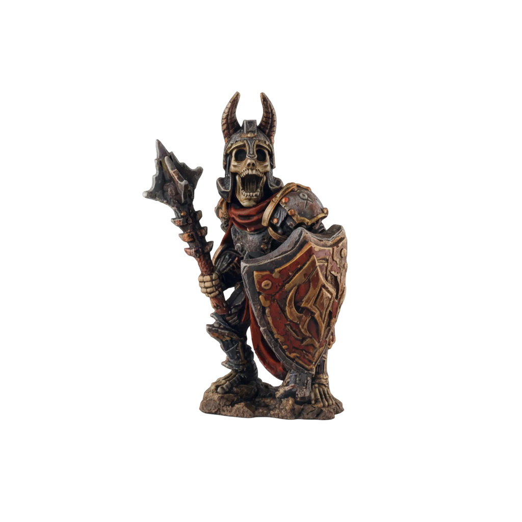 Painted Armoured Skelton with ancient armor, mace, and shield miniature