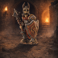 Armoured Skeleton with mace in a dimly lit stone chamber
