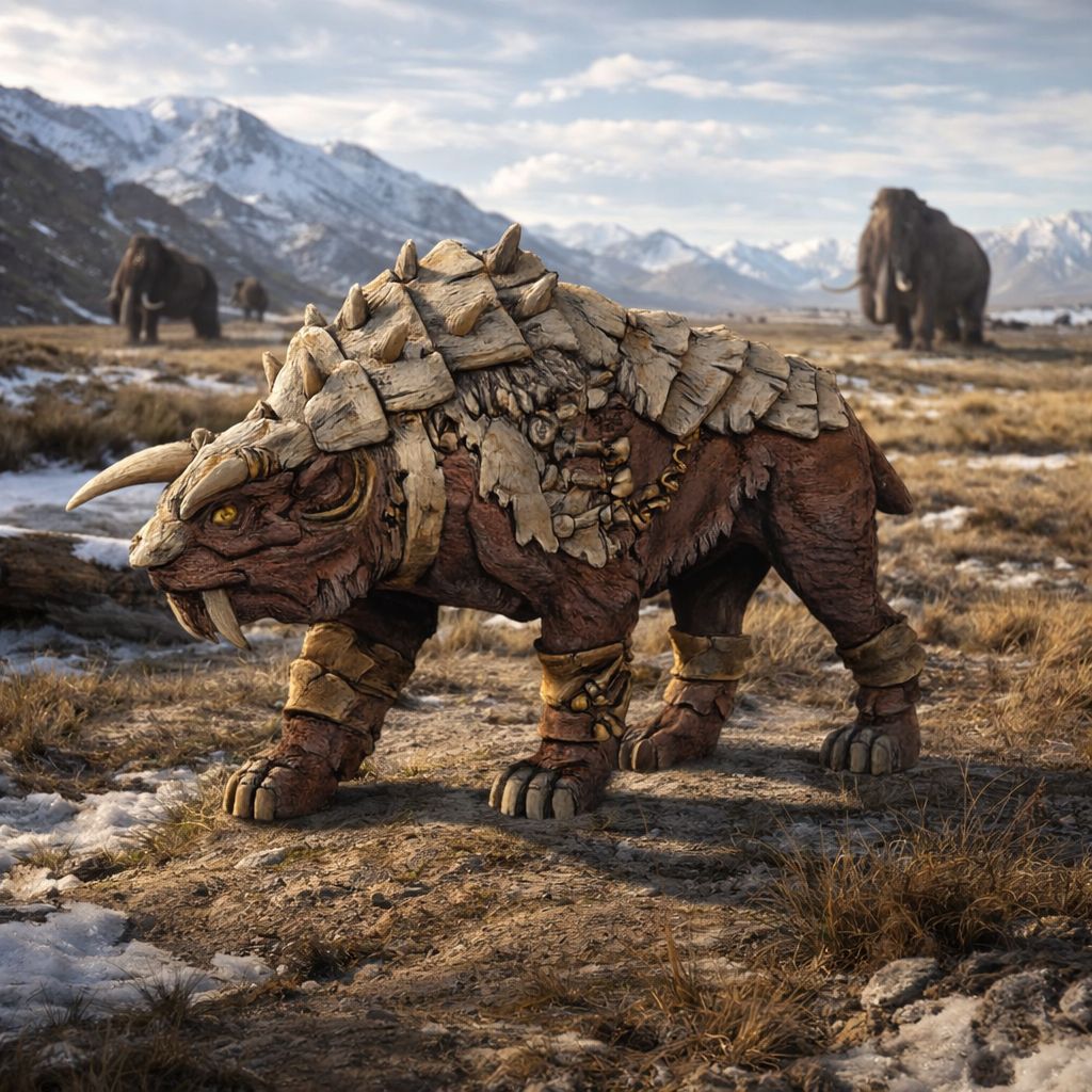 Armoured Smilodon in a snowy landscape