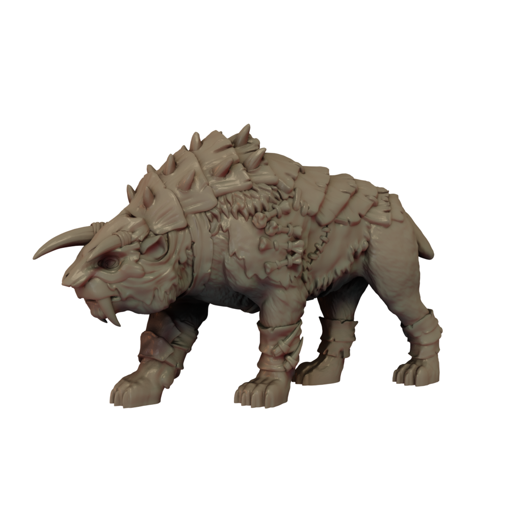 3D printed miniature resin model of an Armoured Smilodon, side view