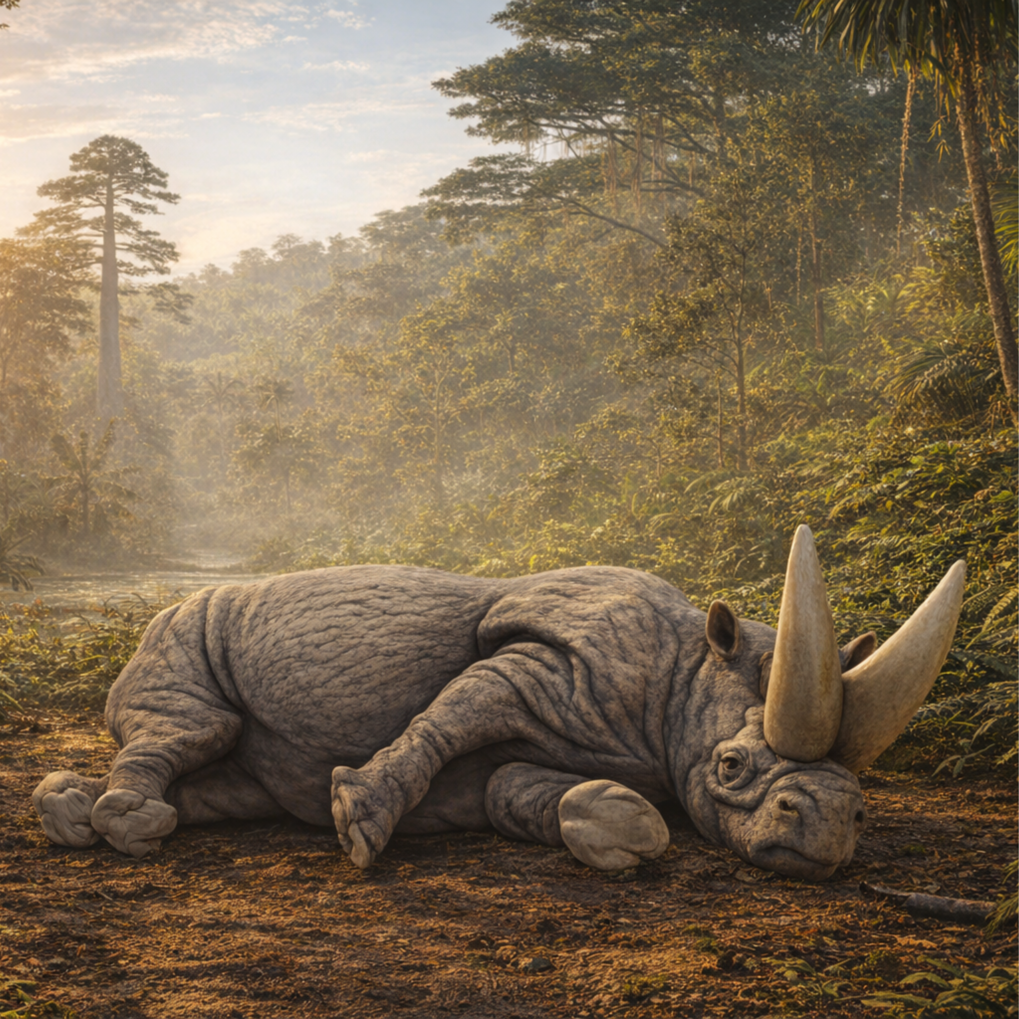 Arsinoitherium Carcass lying on the ground in a forest setting
