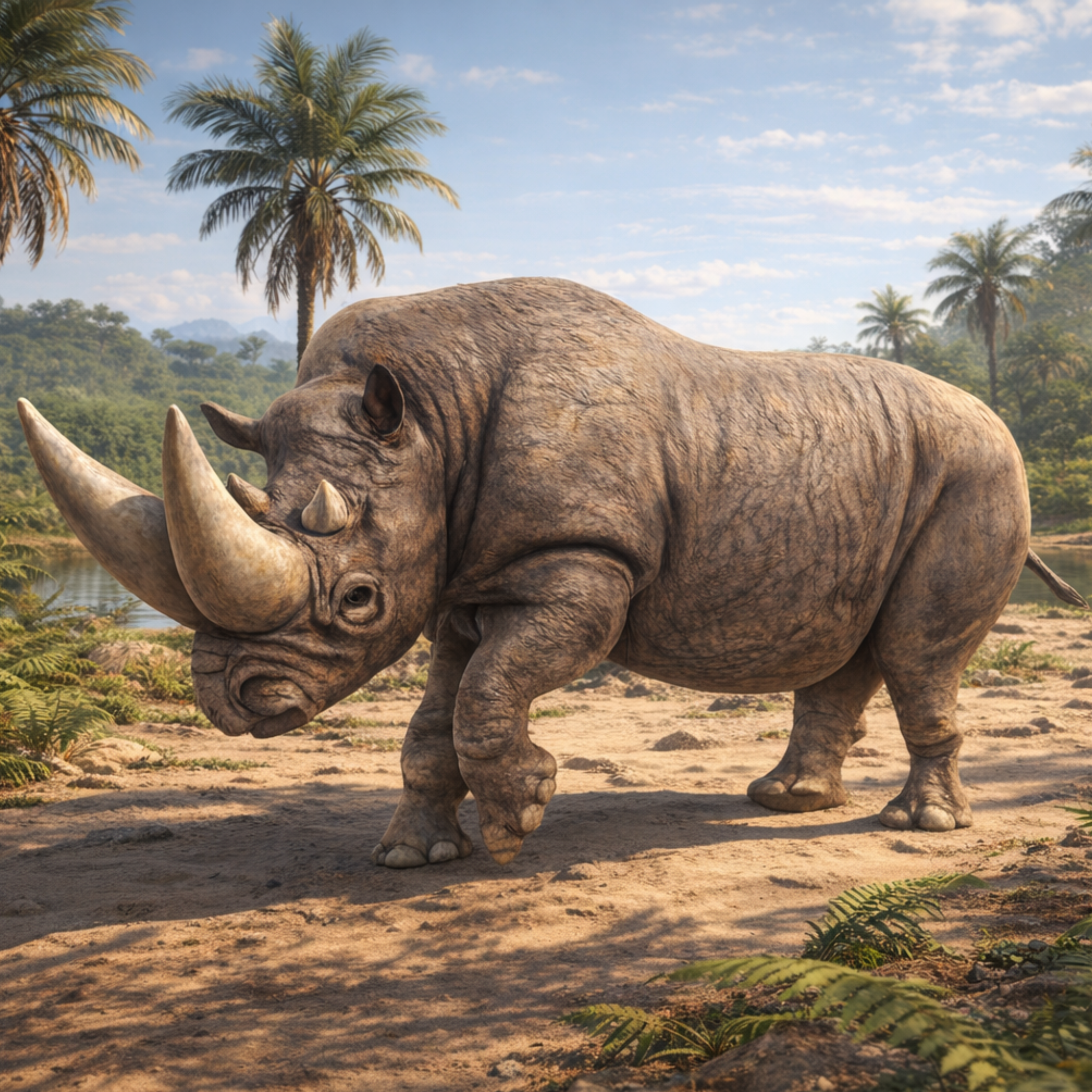 Arsinoitherium Charging  in a prehistoric landscape with palm trees and water.