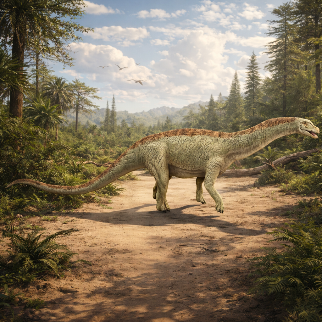 Prehistoric scene with a Astigmasaura dinosaur walking through a forest