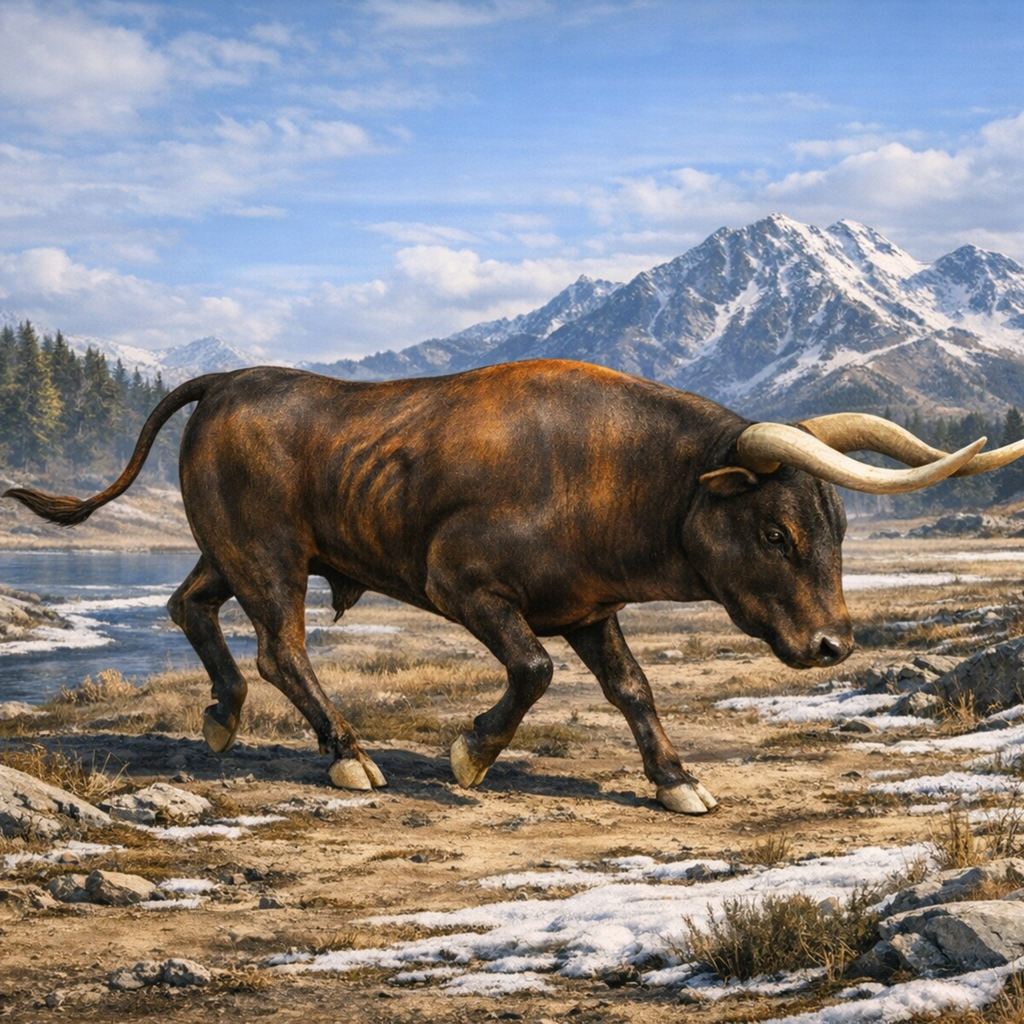 Auroch walking in a mountainous landscape
