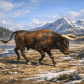 Auroch walking in a mountainous landscape
