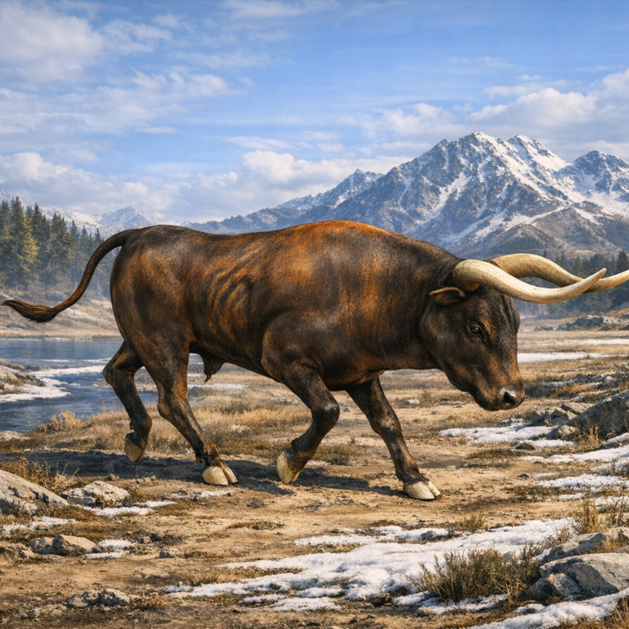 Auroch walking in a mountainous landscape