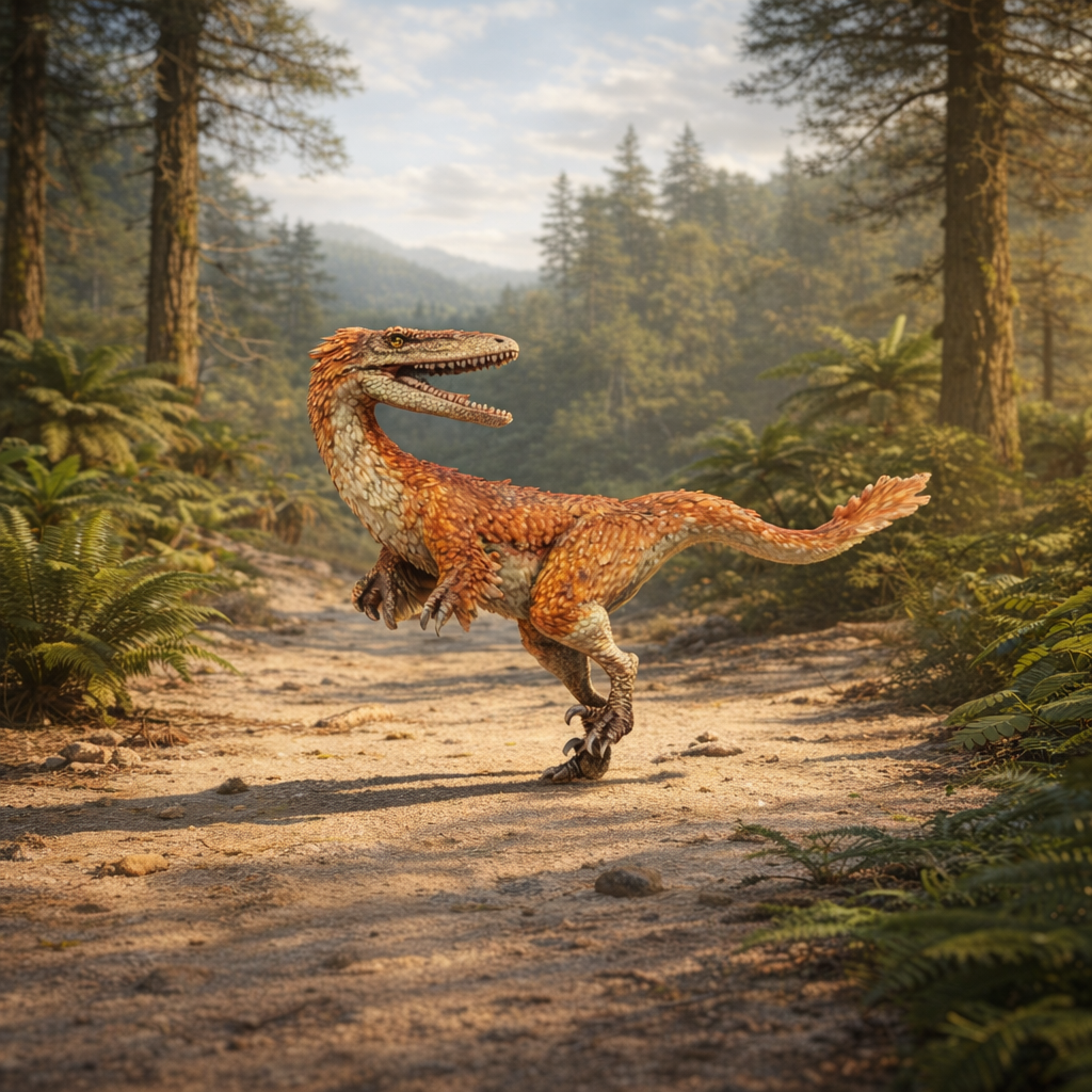 Austroraptor Dinosaur in a forest with trees and plants around