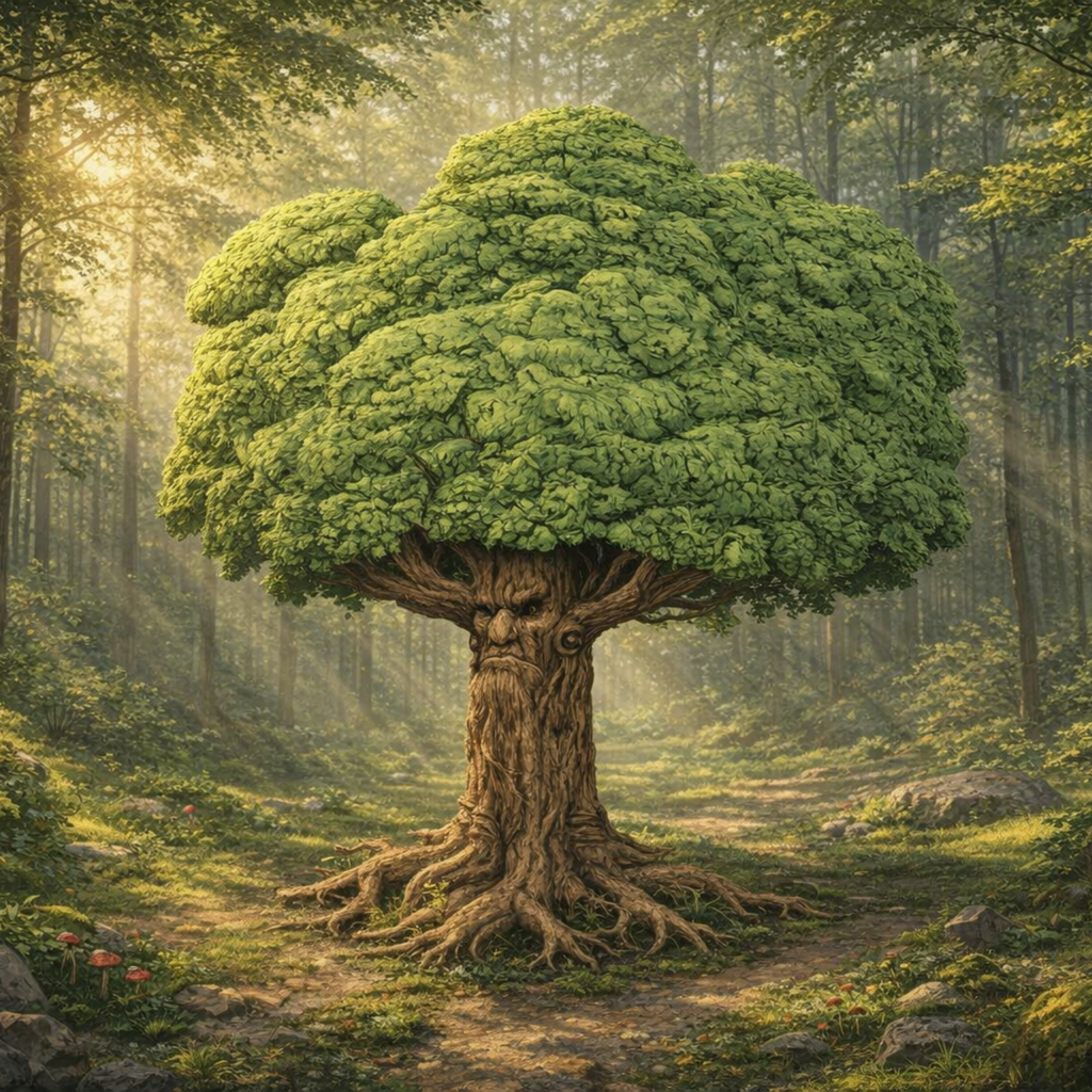 Mystical forest scene with a large tree featuring a face, surrounded by fog and sunlight.