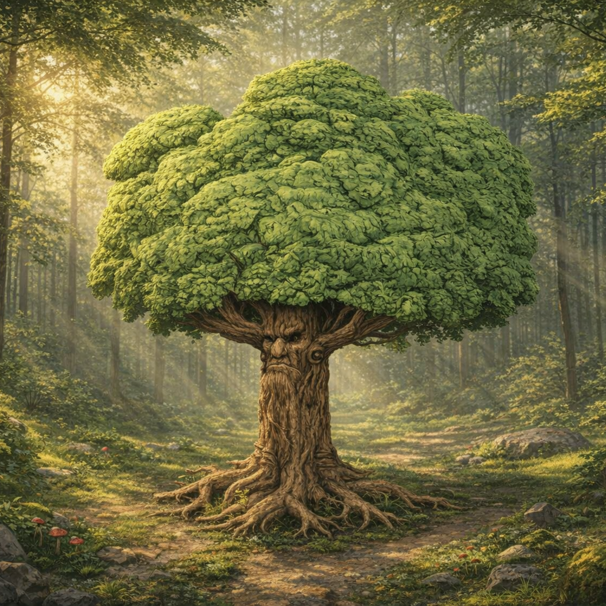 Mystical forest scene with a large tree featuring a face, surrounded by fog and sunlight.