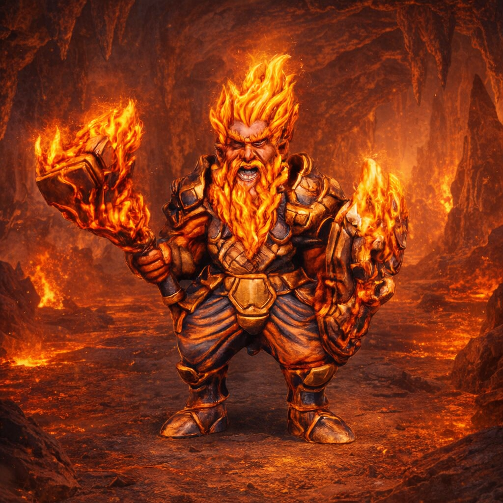 Majestic Azer Male warrior with fiery hair and armor standing in a fiery cave.