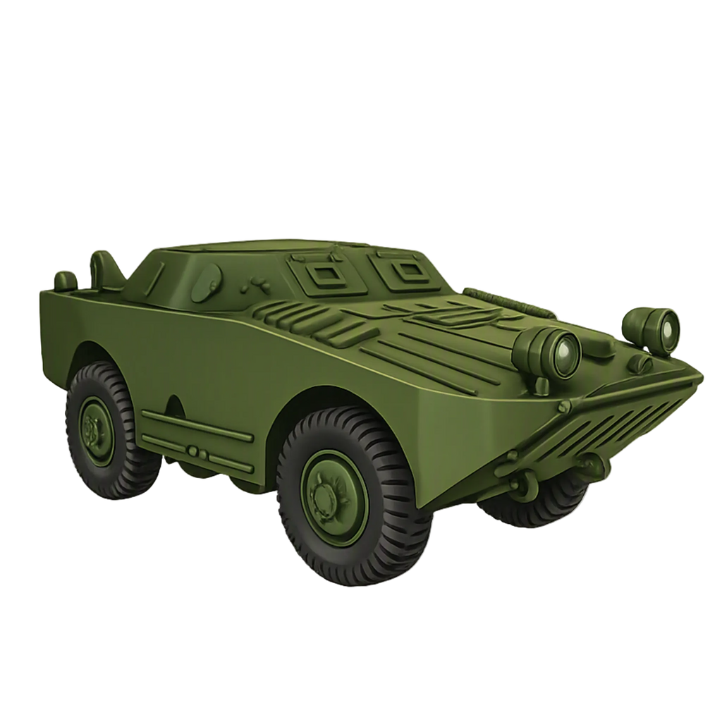 A painted olive green BRDM-1 armored vehicle.