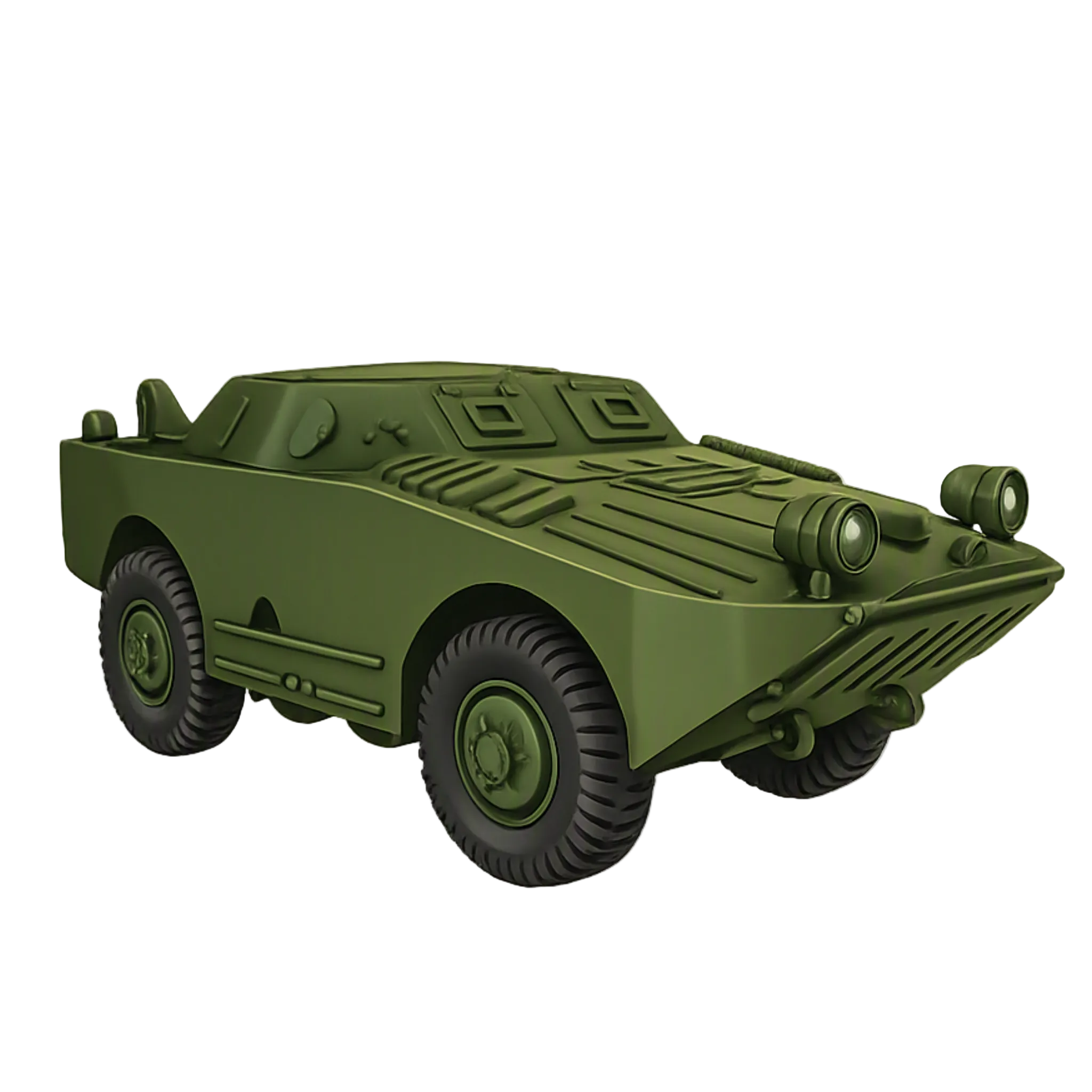 A painted olive green BRDM-1 armored vehicle.