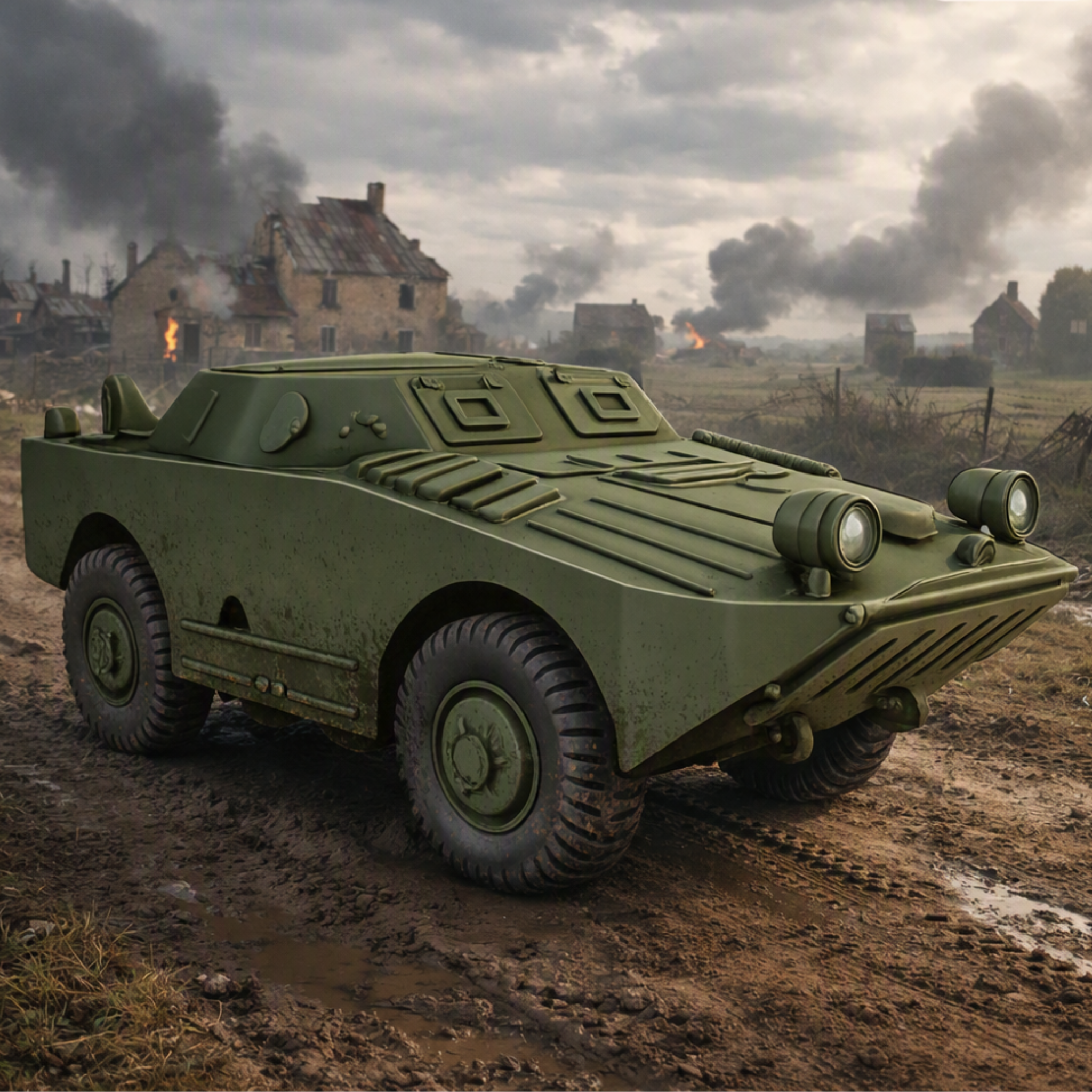 An olive green armored BRDM-1 military vehicle with large off-road tires, photographed on muddy ground with smoke, fire, and ruined buildings in the background.