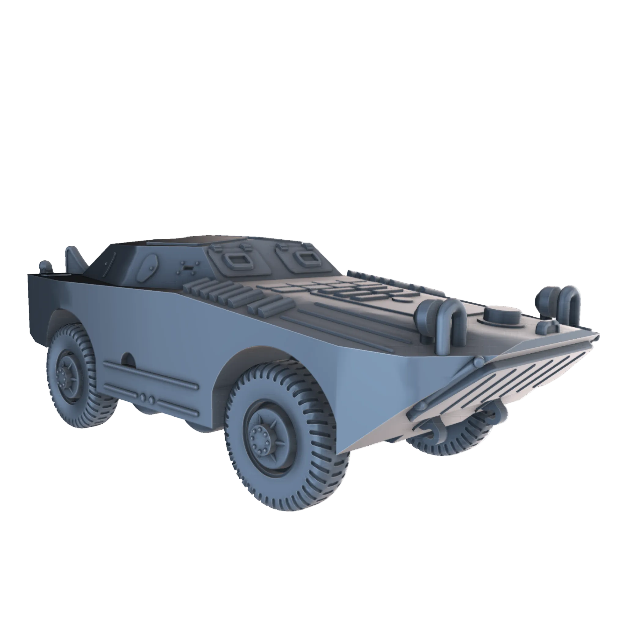 A 3D digital model of a BRDM-1 military amphibious vehicle, shown from a three-quarters perspective