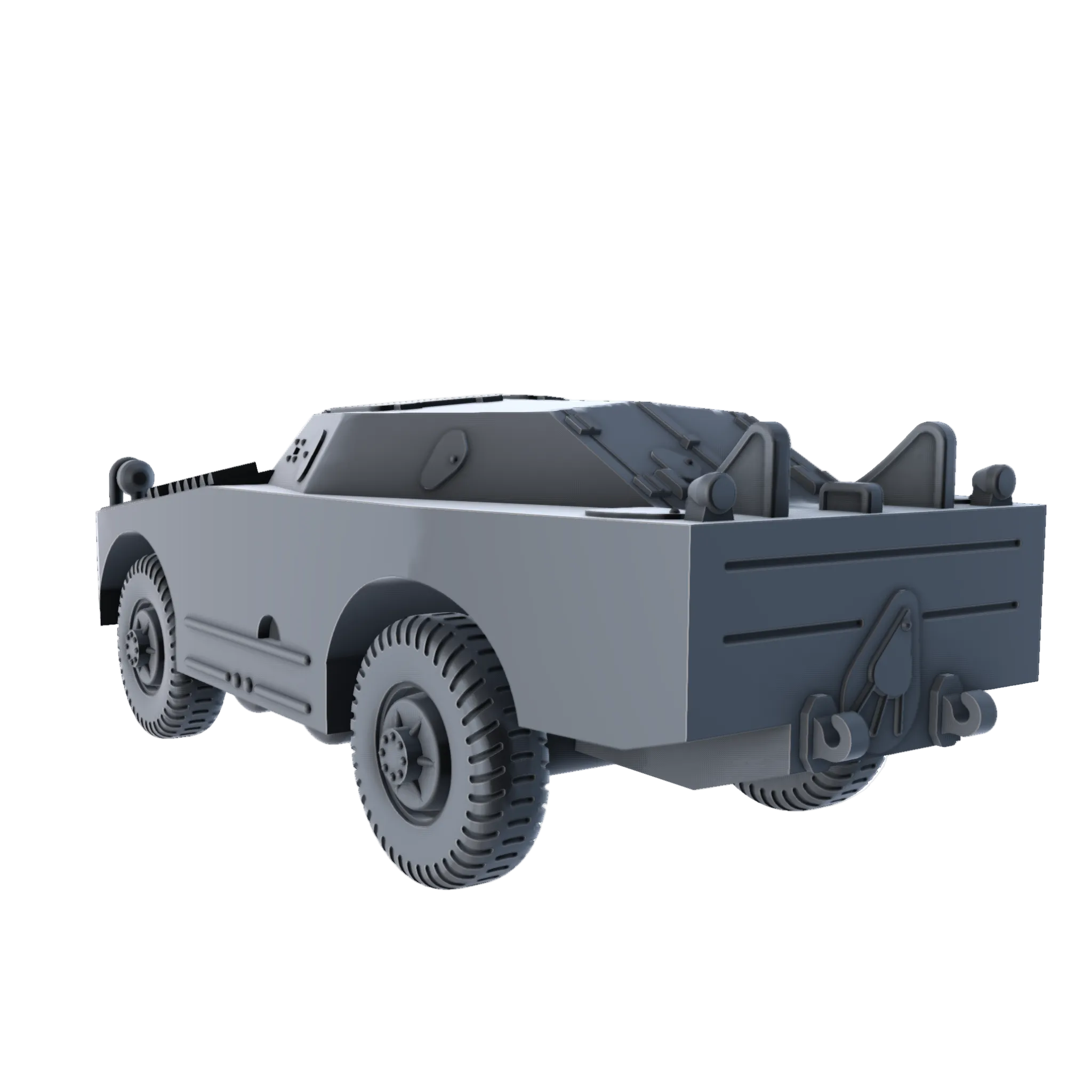 A 3D digital model of a BRDM-1 military amphibious vehicle, shown from a rear three-quarters perspective