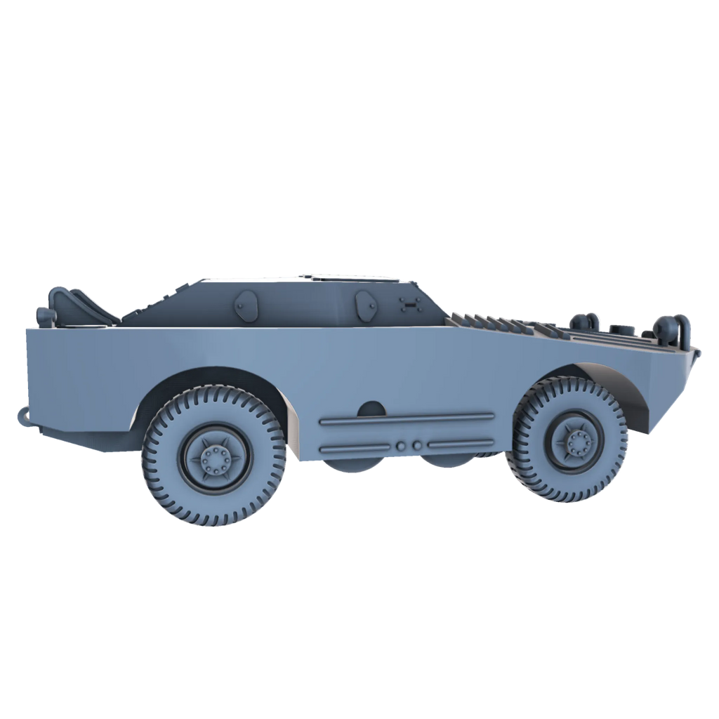A 3D digital model of a BRDM-1 military amphibious vehicle, shown from side perspective