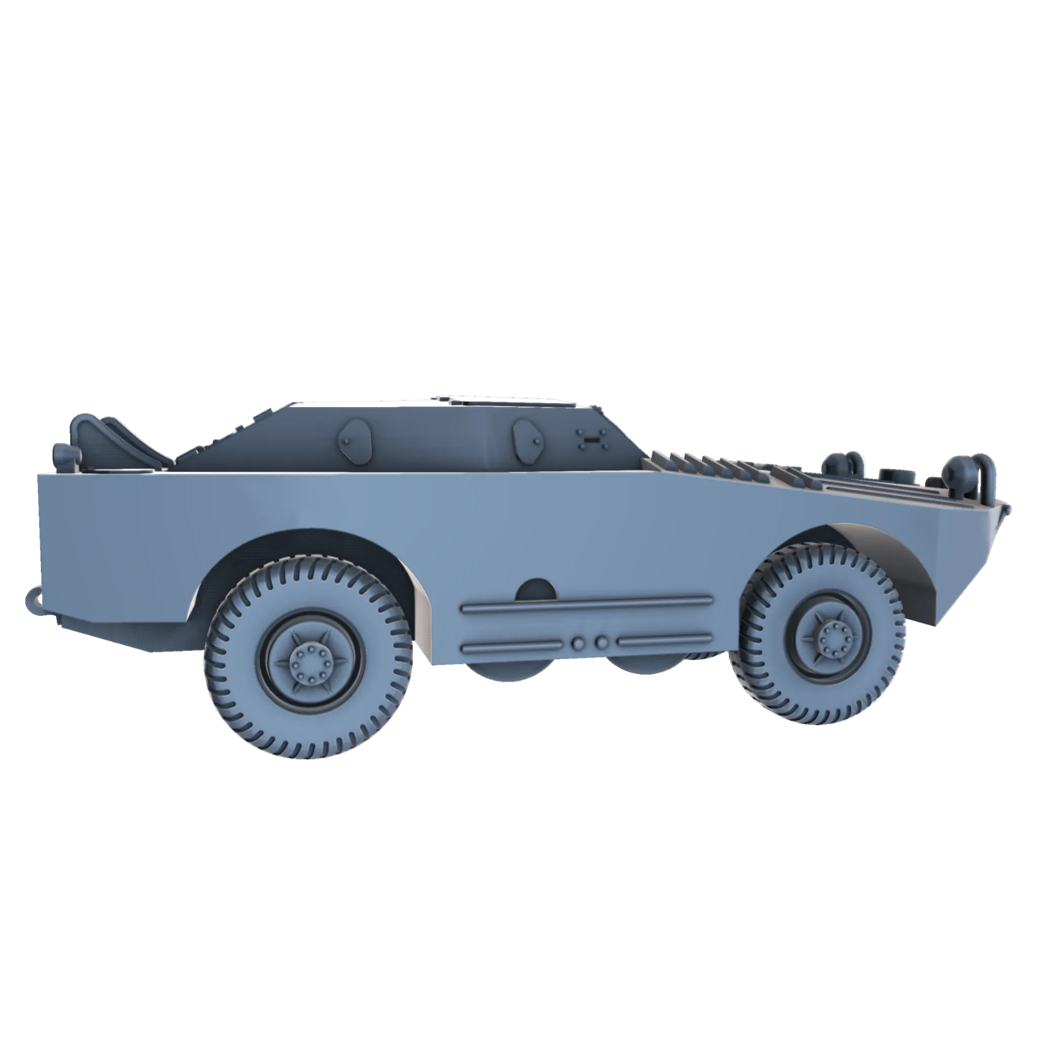 A 3D digital model of a BRDM-1 military amphibious vehicle, shown from side perspective