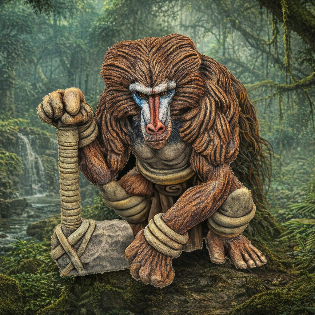Baboon Warrior with stone axe in a jungle