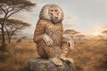 A Baboon sitting on a rock in an African savanna landscape.