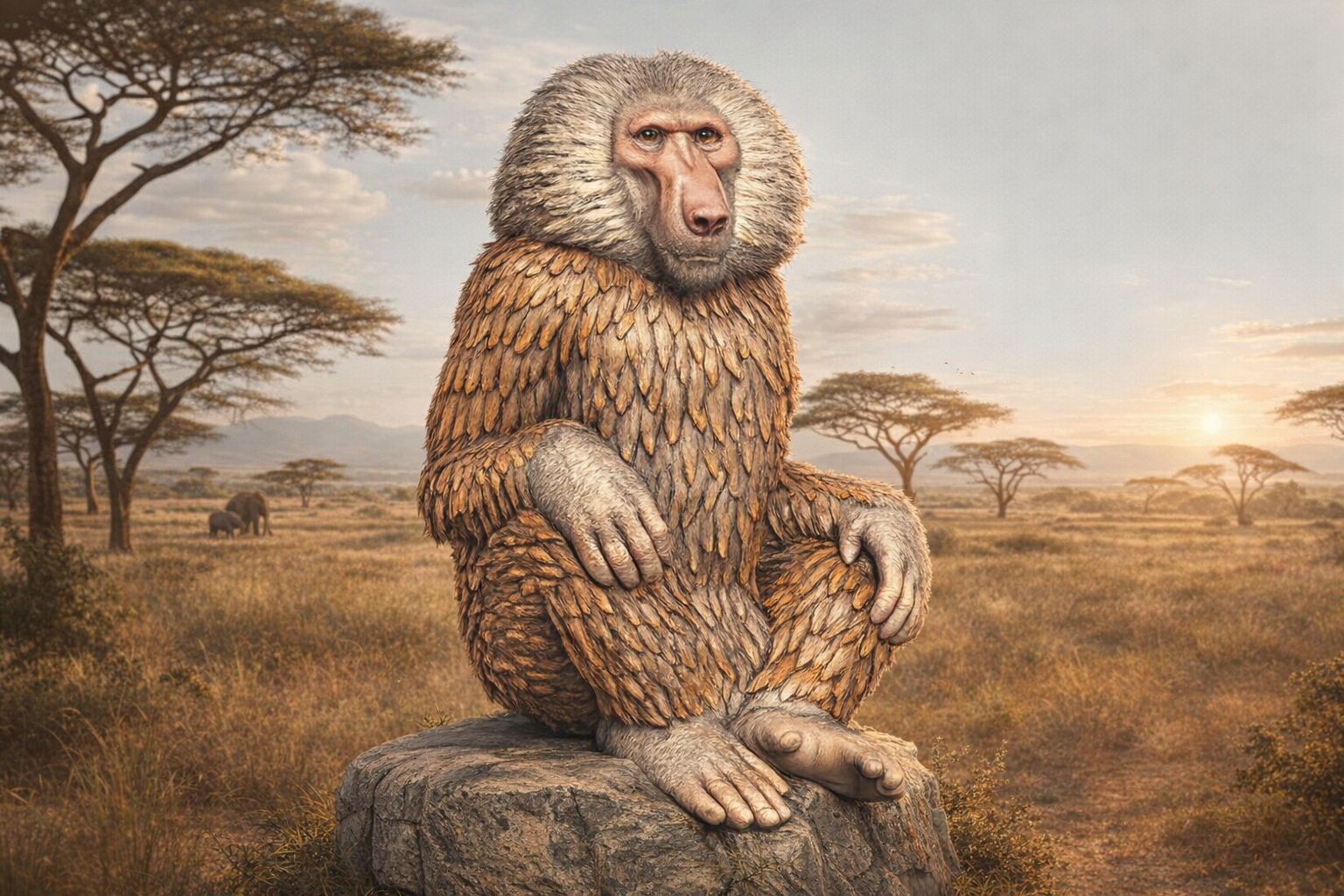 A Baboon sitting on a rock in an African savanna landscape.