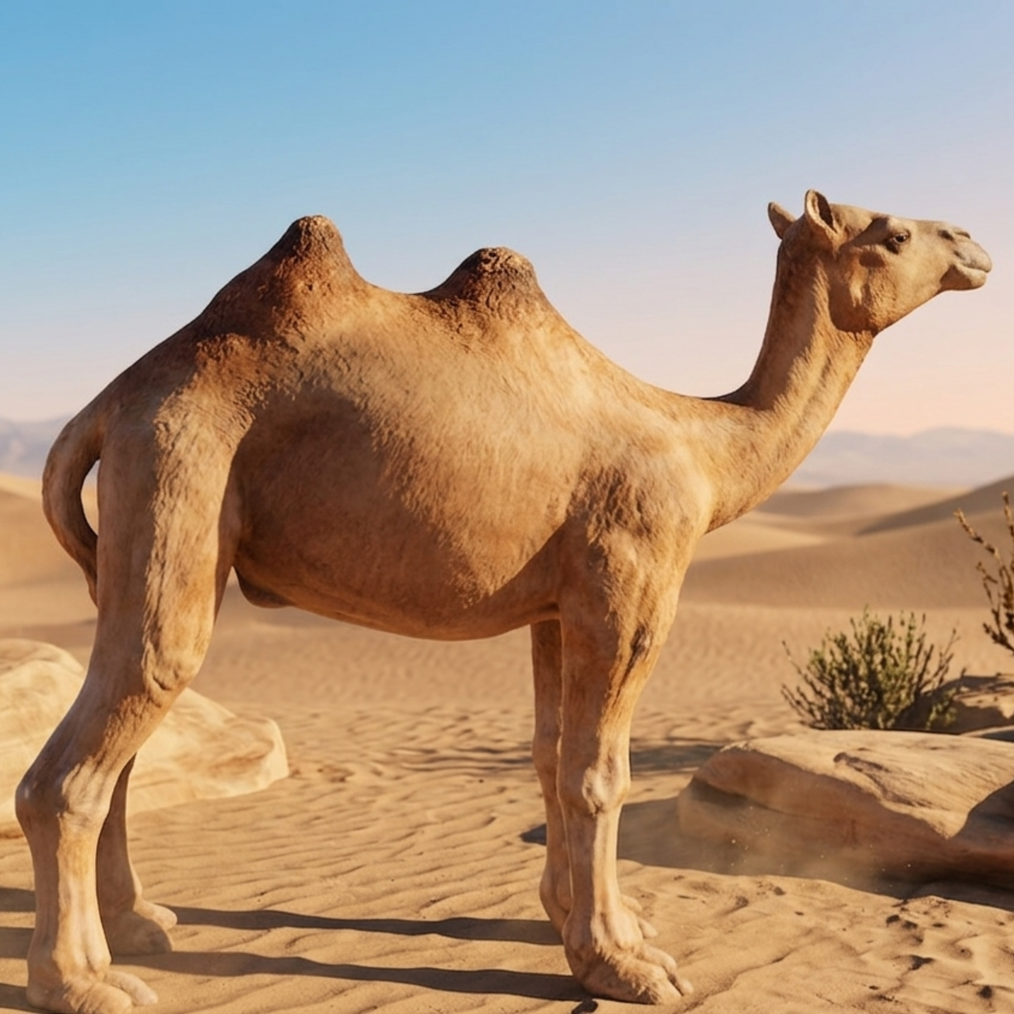 Bactrian Camel standing in a desert landscape with sand dunes and clear sky.