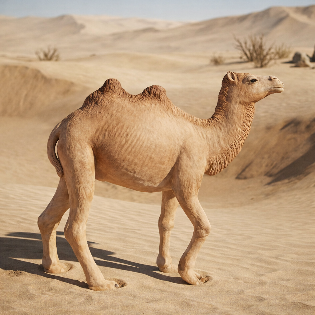 Bactrian Camel walking in a desert landscape with sand dunes and sparse vegetation.