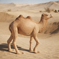 Bactrian Camel walking in a desert landscape with sand dunes and sparse vegetation.