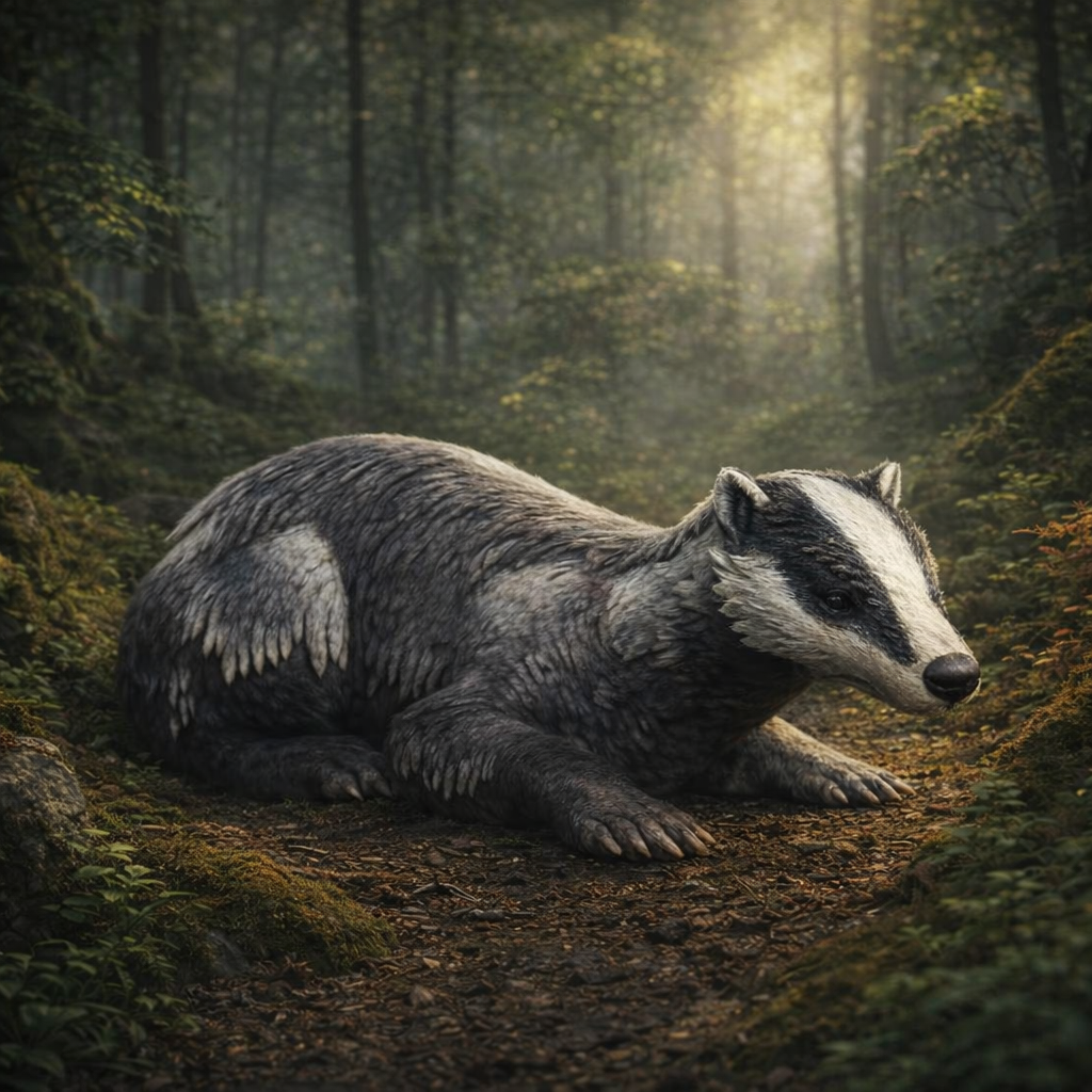 Badger lying on a forest floor with dappled light filtering through the trees