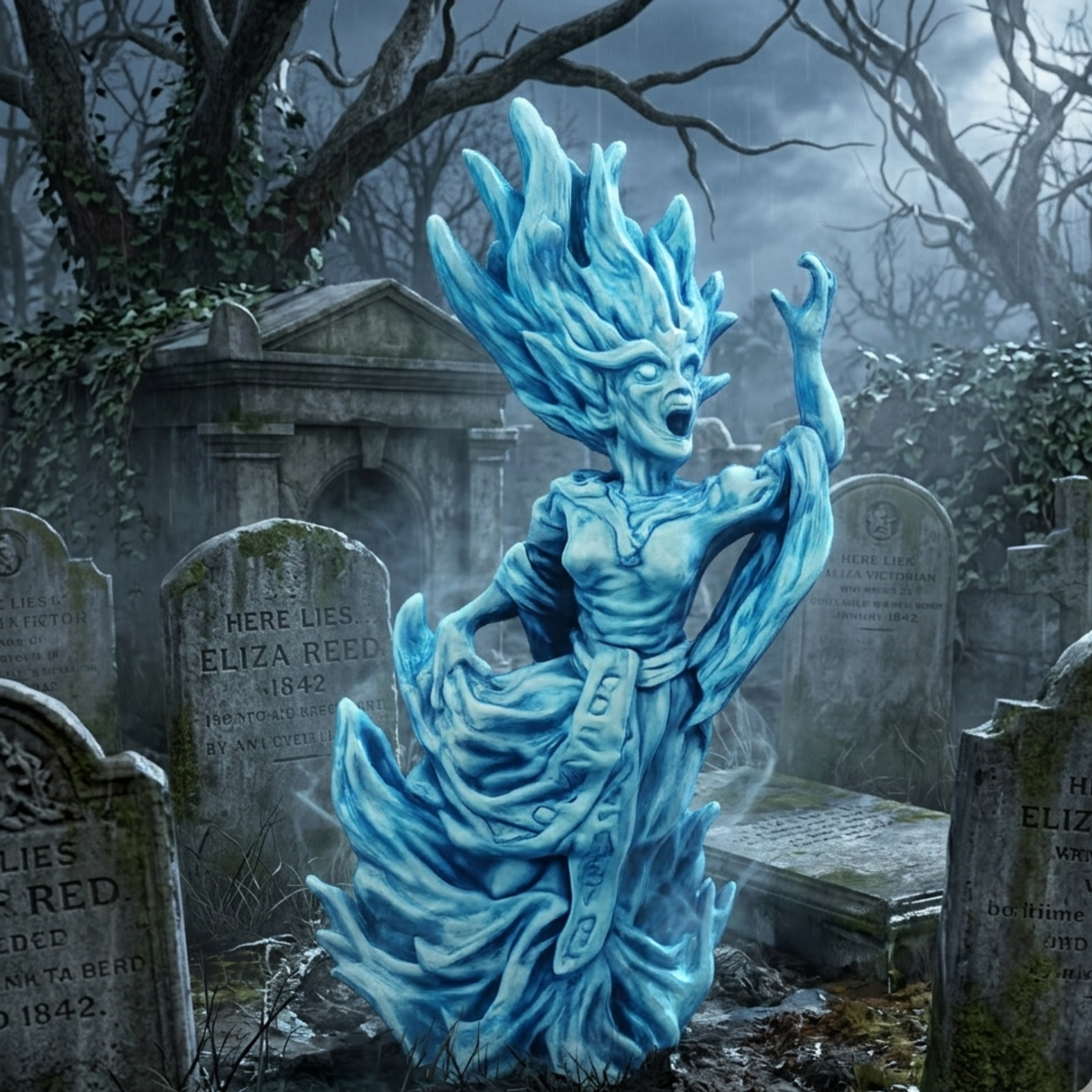 Banshee in a cemetery with gravestones.
