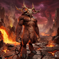 Baphomet in a fiery, apocalyptic landscape
