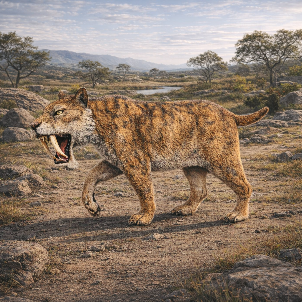 Prehistoric Barbourofelis Stalking in a natural landscape
