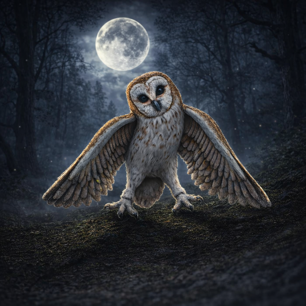 Barn Owl on log at night in moonlight