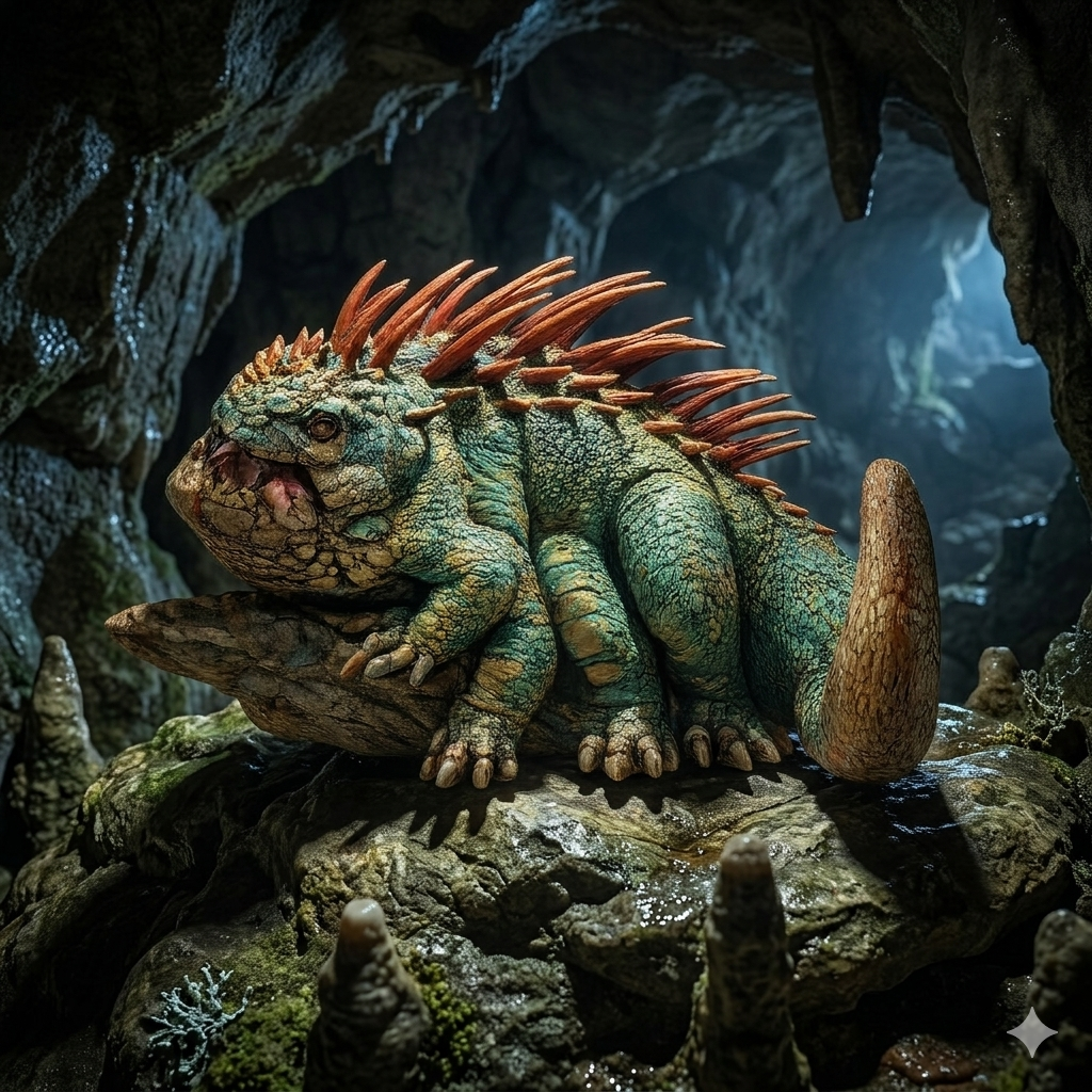 Basalisk on rocky terrain in a cave