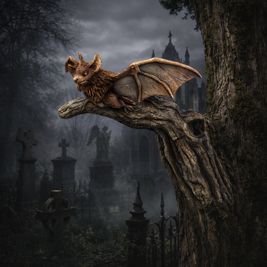 Bat perched on a tree branch in a cemetery