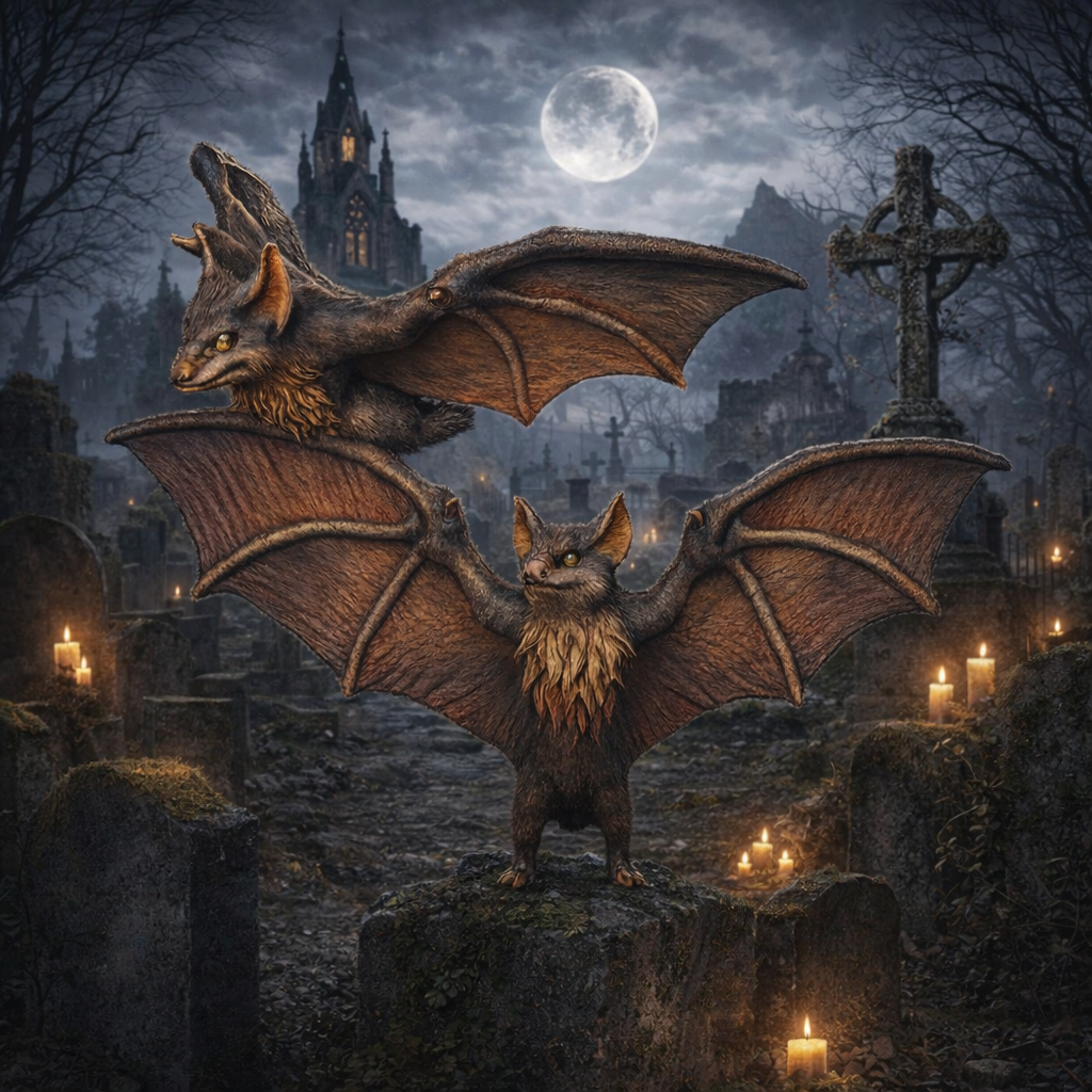 Two Bats in a dark, gothic setting with a moonlit sky and candles.