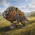 Battle Cat with armor standing in a grassy field with mountains in the background