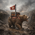 Bear of faith Warrior bear with a flag in a battlefield setting