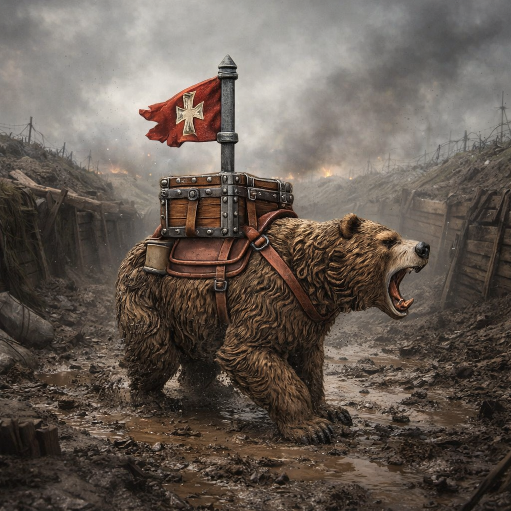 Bear of faith Warrior bear with a flag in a battlefield setting