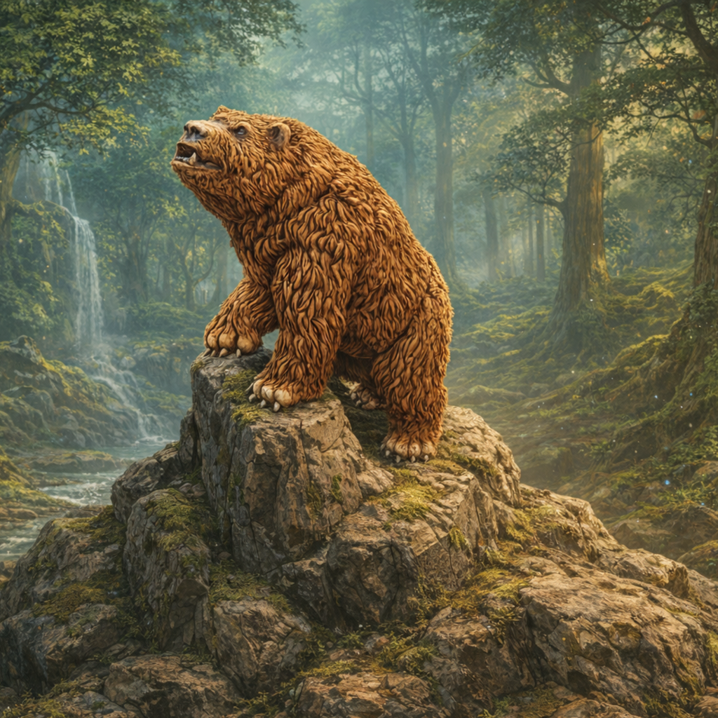 Brown bear standing on a rock in a forest with a waterfall