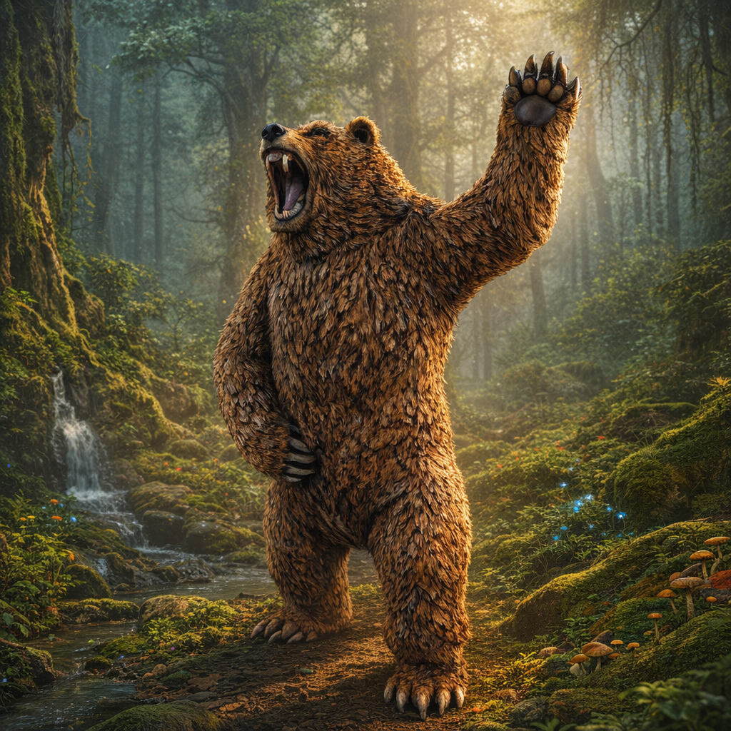 Bear standing on its hind legs with raised paw in a forest with a waterfall in the background