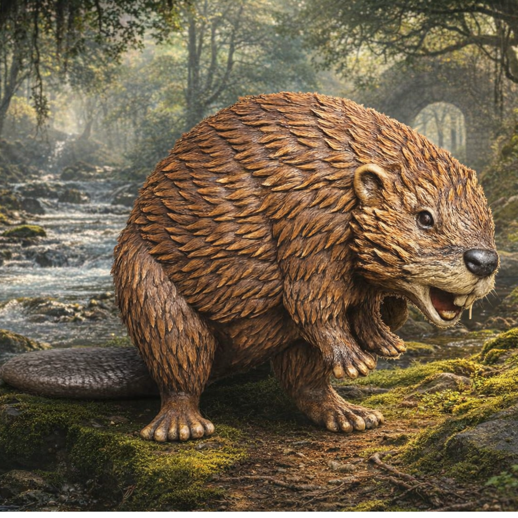 Beaver  in a forest setting with a stream in the background