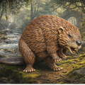 Beaver  in a forest setting with a stream in the background
