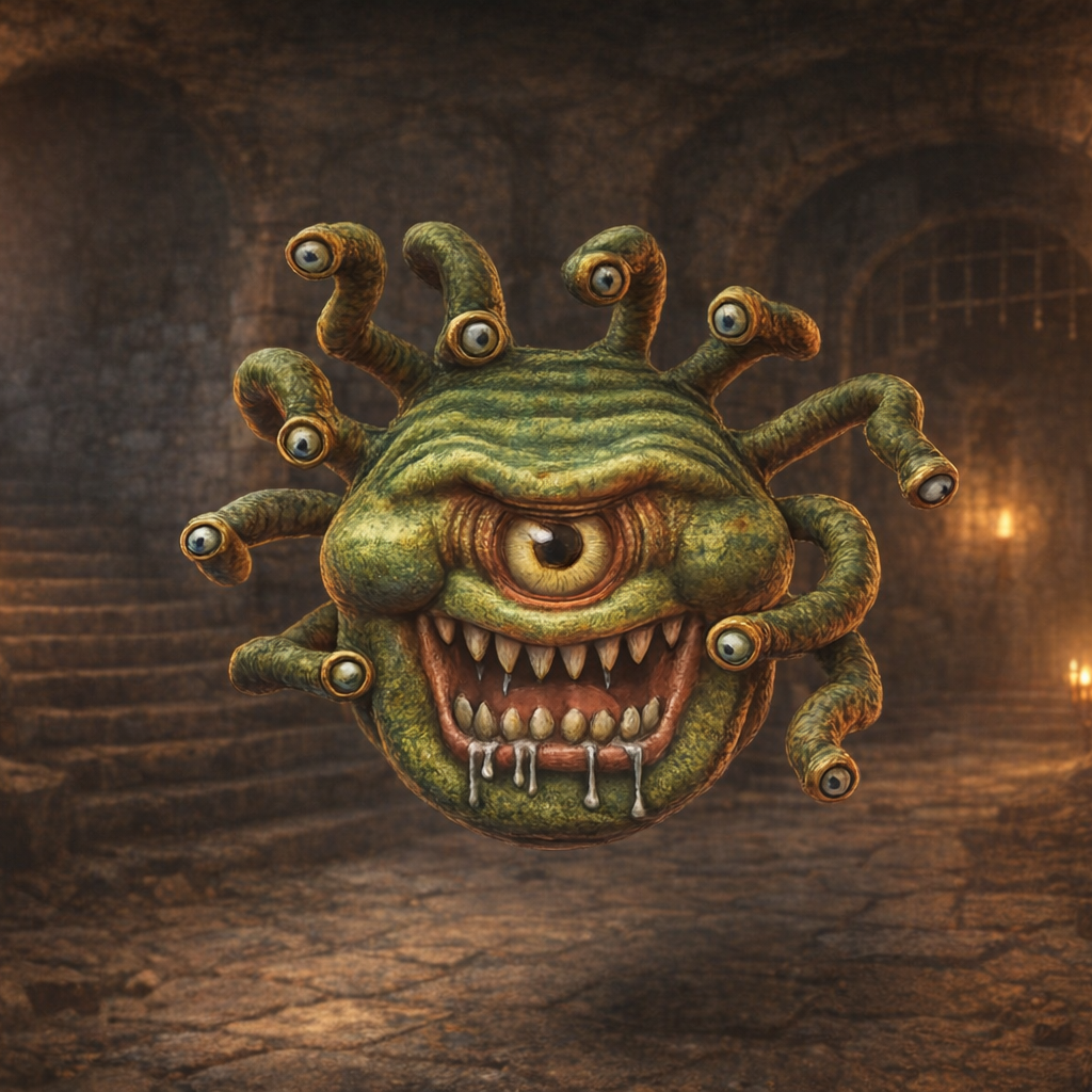 Beholder in a dark, stone-lit room.