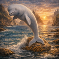 Beluga Whale leaping from water onto rocks with a fantasy landscape in the background
