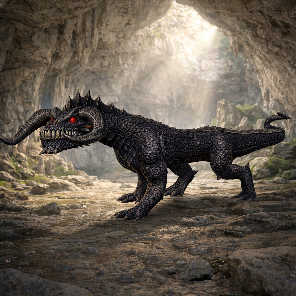 Black Guard Drake in a cave with sunlight streaming through the opening