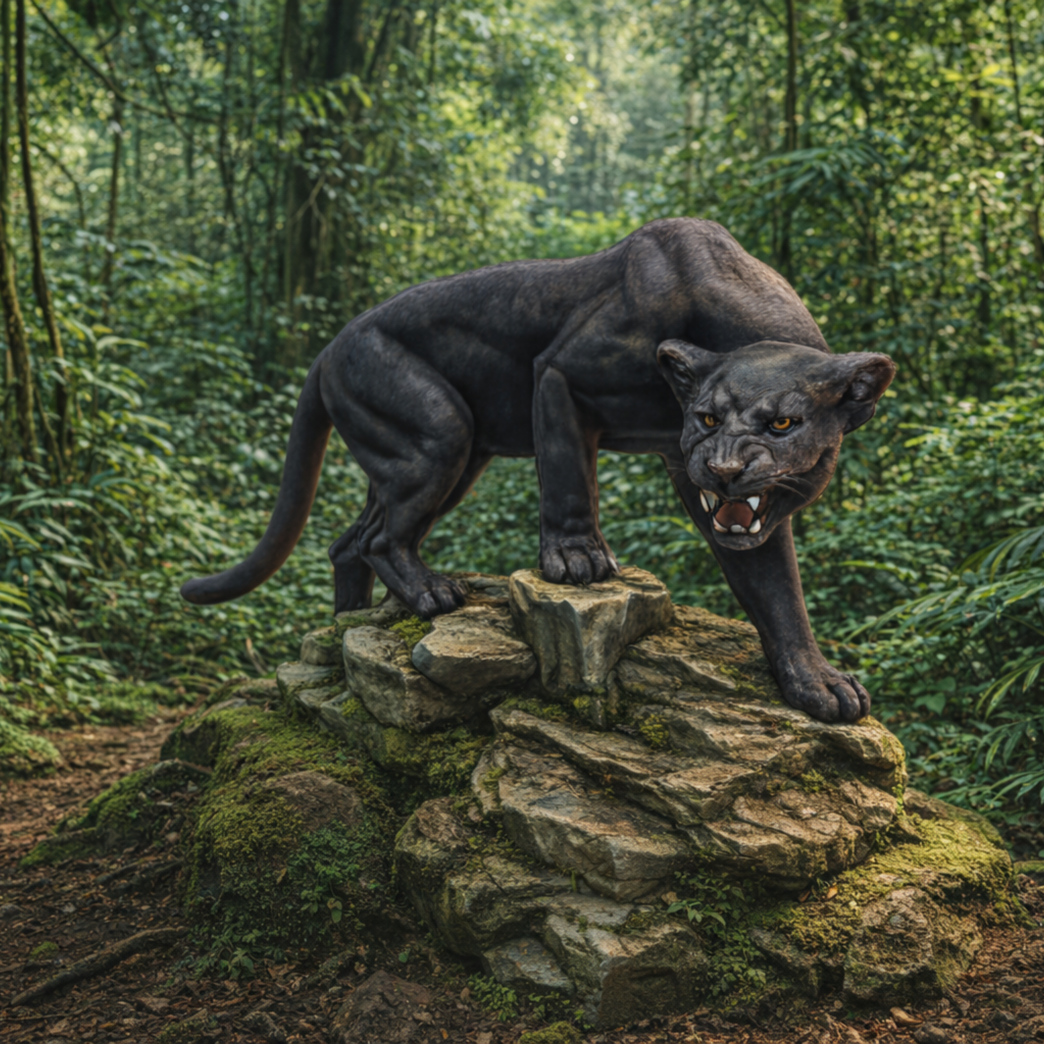 Black panther standing on a rock in a forest