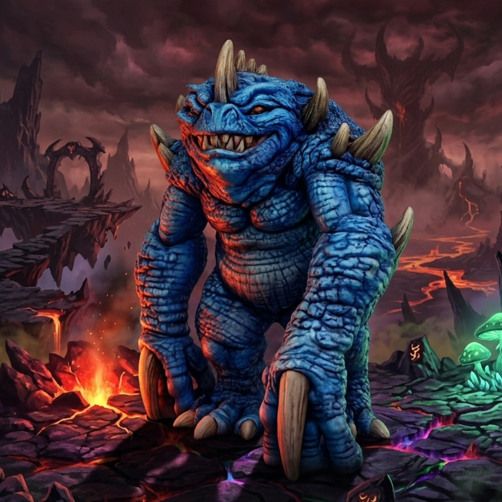 Blue Slaad in a fantasy landscape with dark clouds and fiery elements.