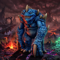 Blue Slaad in a fantasy landscape with dark clouds and fiery elements.