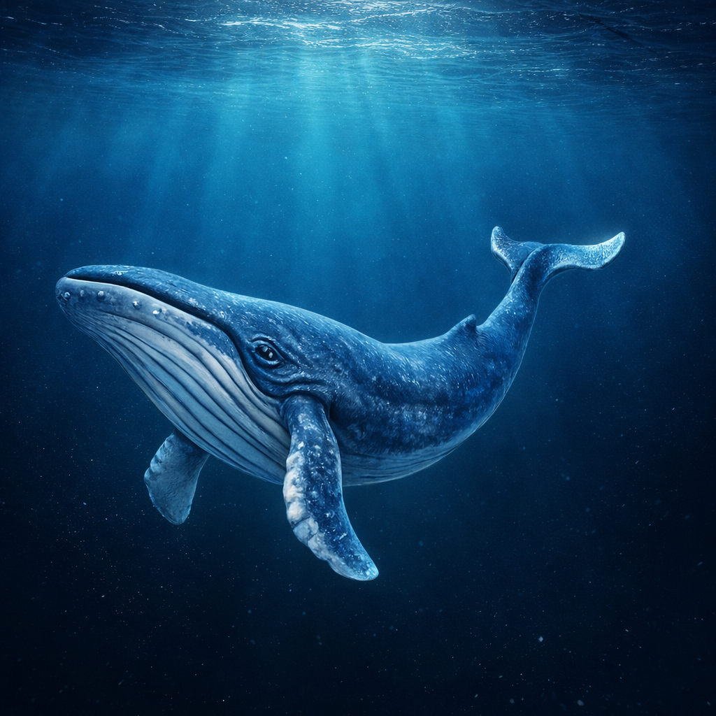 Blue whale underwater with sunlight filtering through water surface